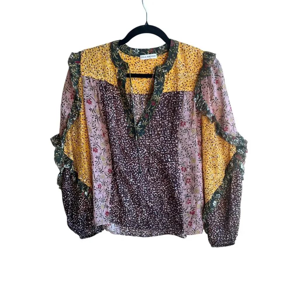 Ulla Johnson Norma Blouse Tropical Silk Blend Top Women Sz 0 Mixed Print Boho